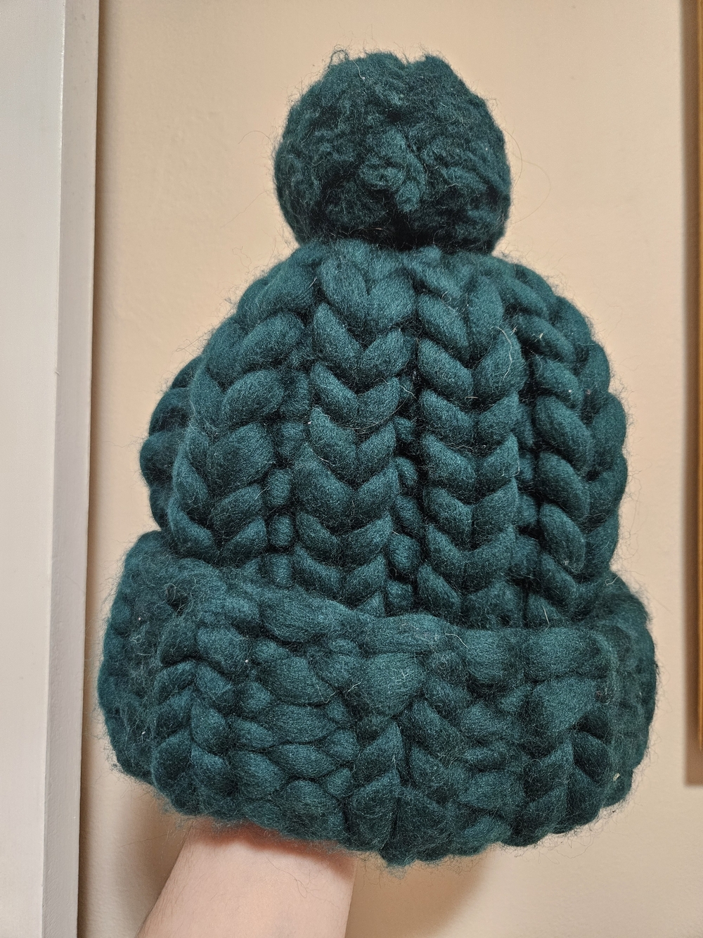 Chunky Knit Pom Beanie in Deep Teal